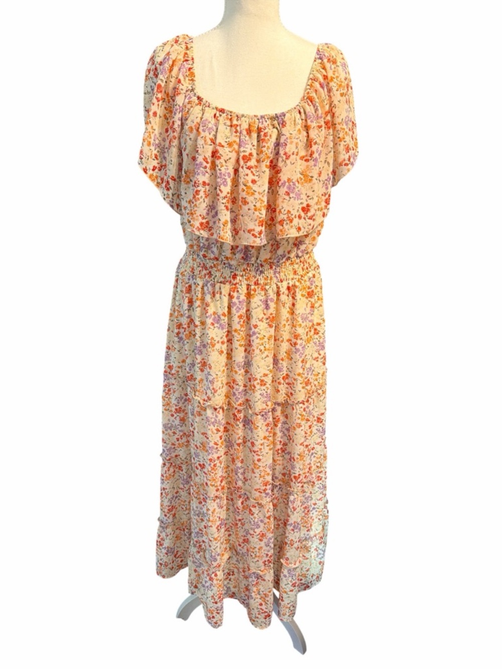 Cottagecore Boho Indigo Rose Floral Tiered Maxi Dress 2X Peasant Neck